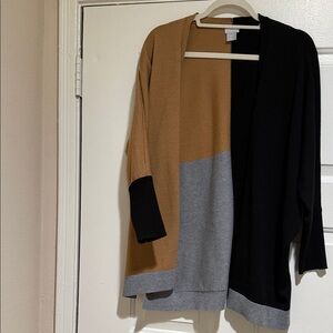 Chico's Colorblock Cardigan in Black, Gray, and Tan